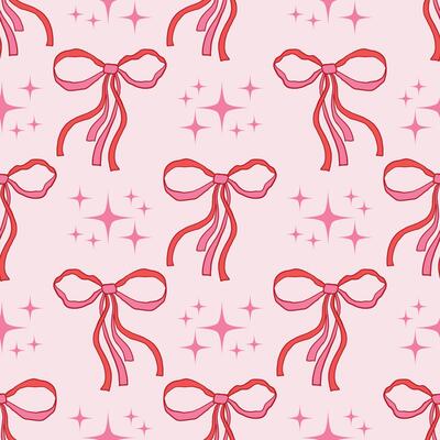 Pink seamless pattern with ribbon bow and tiny star in polka dot order in hand-drawn coquette style.