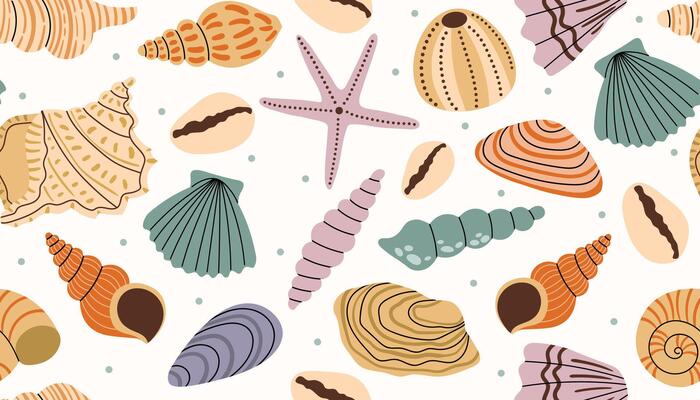 Seamless pattern with various sea shell and tiny dot in messy order in flat cartoon style.