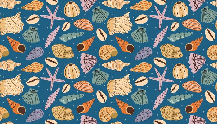 Cartoon flat style seamless pattern with different sea shell and small dot scattered randomly.