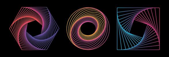 Set of colored twisted spirals. Twisted wireframe tunnels of different shapes, hexagon, circle, square isolated on a dark background. Design element. Swirlings. Logo vector