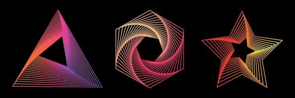 Set of gradient twisted spirals. Twisted wireframe tunnels of different shapes, triangle, hexagon, star isolated on a dark background. design element. Swirl symbols. Colored thin lines. vector