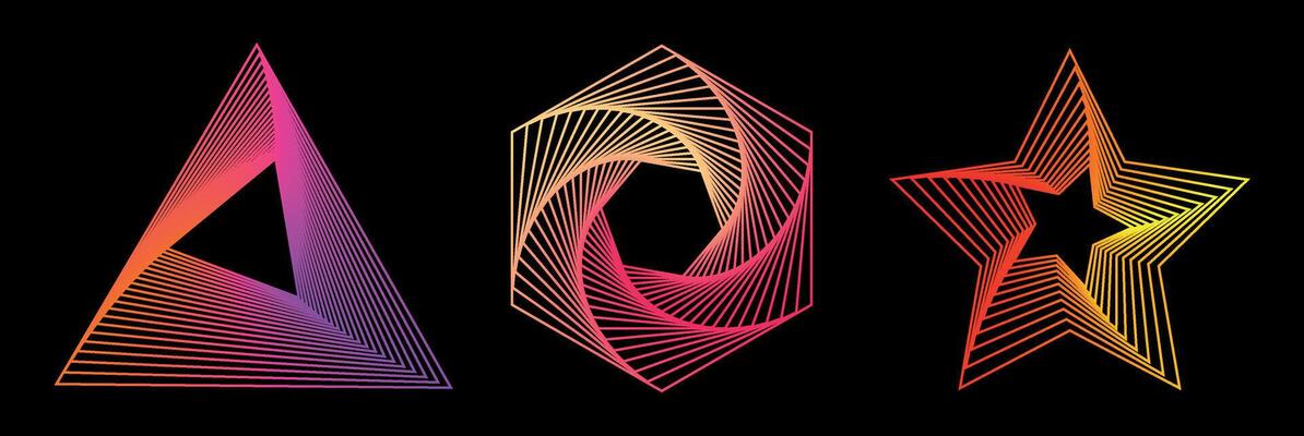 Set of gradient twisted spirals. Twisted wireframe tunnels of different shapes, triangle, hexagon, star isolated on a dark background. design element. Swirl symbols. Colored thin lines.