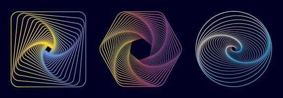 Set of bright twisted spirals in cartoon style. Illustration of twisted colored spirals in the form of square, hexagon, circle isolated on a dark background. Abstract spiral tunnels. vector