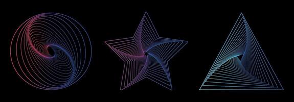 Set of gradient twisted spirals. Twisted wireframe tunnels of different shapes circle, star,triangle isolated on a dark background. Design element. Swirling symbols. Colored thin lines. Vortex.Helix. vector