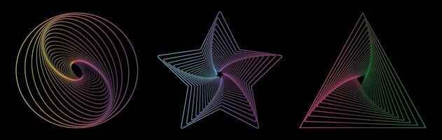 Set of colored twisted spirals. Twisted wireframe tunnels of different shapes, circle, star, triangle isolated on a dark background. Design element. Swirlings. Gradient thin lines. vector