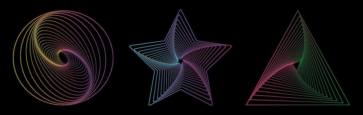 Set of colored twisted spirals. Twisted wireframe tunnels of different shapes, circle, star, triangle isolated on a dark background. Design element. Swirlings. Gradient thin lines.