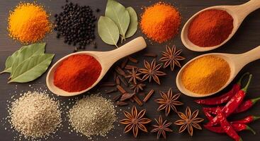 Various spices and herbs in wooden spoons photo