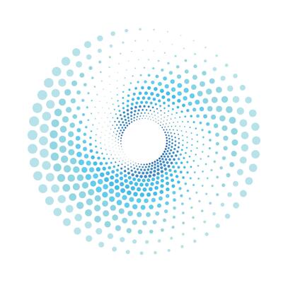 Circular twisted spiral in cartoon style. Illustration of blue dots isolated on white background. Circular logo. Halftone effect. Abstract background.