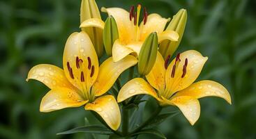 Yellow lily flowers with water droplets on them photo