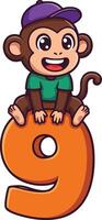 Cartoon monkey wearing purple cap sitting on large orange number nine illustration for children learning numbers and counting fun educational content vector
