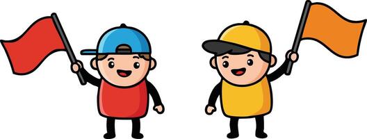 Two boys holding red and orange flags in cap hats cheerful illustration vector