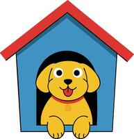 Cute yellow dog inside blue doghouse with red roof illustration of playful pet in home environment vector