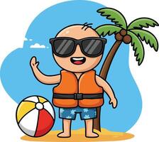 Bald man in life jacket and sunglasses on beach with palm tree and colorful ball summer vacation illustration vector
