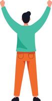 Man raising hands in victory green top orange pants simple illustration standing from back view vector
