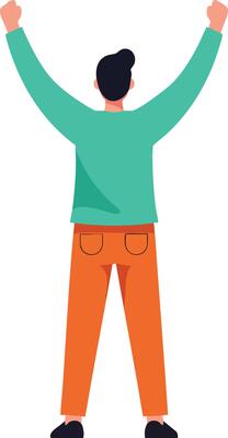 Man raising hands in victory green top orange pants simple illustration standing from back view