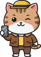 Cute cat wearing yellow hat and brown jacket taking selfie with smartphone illustration vector