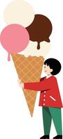 Child holding giant ice cream cone with three scoops in pink white and brown colors illustration vector