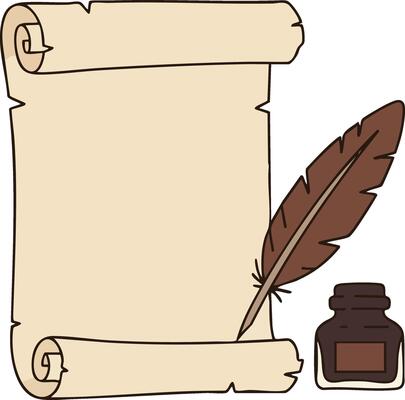 Vintage parchment scroll with quill feather pen and ink bottle illustration in simple style art