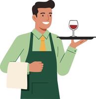 Waiter in green apron carrying tray with glass of red wine smiling hospitality service illustration vector