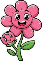 Pink cartoon flower with smiling face and bud illustration with green leaves and stem cheerful and playful design vector