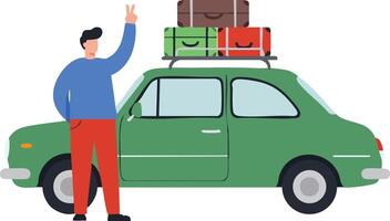 Man standing beside green car loaded with colorful luggage for travel and adventure trip illustration vector