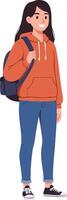 Young woman standing with backpack casual outfit smiling illustration vector