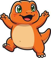 Happy cartoon orange dinosaur with green eyes jumping illustration art cheerful character design vector