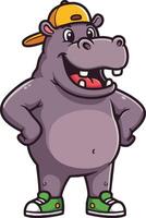Cartoon hippopotamus character wearing yellow cap and green sneakers smiling confident illustration vector