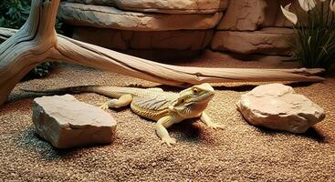 A lizard is sitting on a rock in a sand pit photo