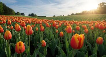 A field of red and orange tulips at sunset photo