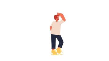 Curious man looking into distance 2D character animation. Bearded caucasian male hand raised to forehead, guy searching forward animated person cartoon 4K isolated on white transparent video