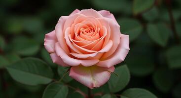 A single pink rose is shown in the middle of a green background photo