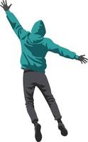 Person jumping in teal hoodie with black pants isolated illustration in dynamic pose vector