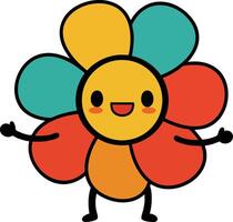 Cute smiling cartoon flower character with colorful petals in orange teal and red illustration vector