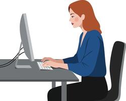 Woman working on desktop computer typing on keyboard in office environment with modern technology and professional attire vector