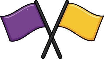Crossed purple and yellow flags illustration with flagpoles for signaling and decoration purposes vector