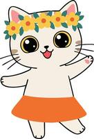 Cute cat character wearing orange skirt and flower crown dancing illustration cheerful and playful design vector