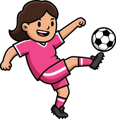 Girl playing soccer kicking ball with pink uniform and black cleats in sport action illustration