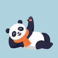 Cute cartoon panda bear wearing orange scarf lying on side waving paw illustration vector