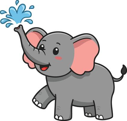 Cute baby elephant spraying water with trunk cartoon illustration in playful style