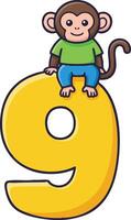 Monkey Sitting on Large Yellow Number Nine Cartoon Style Illustration for Kids Learning and Education Design vector