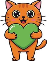 Cute orange cat holding green heart symbol of love and affection illustration vector