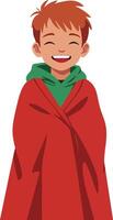 Smiling boy wrapped in red blanket wearing green hoodie happy cheerful child illustration vector