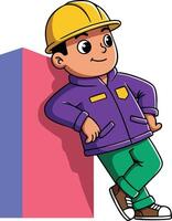 Construction worker leaning on colorful block wearing yellow helmet and purple jacket illustration vector