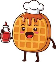 Waffle character holding syrup bottle wearing chef hat cute food cartoon illustration vector