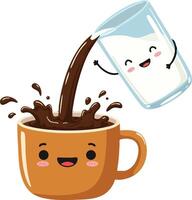 Cute smiling cup with coffee being poured from happy glass of milk illustration vector