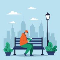 Man reading book on park bench with city skyline background illustration in casual orange jacket and green pants vector