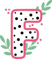 Decorative letter F with black dots and green leaves floral design illustration vector