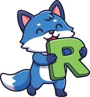 Cute blue fox holding green letter R alphabet character illustration for children education and learning materials vector
