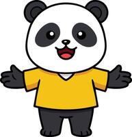 Cute panda character wearing yellow shirt with open arms welcoming gesture illustration vector